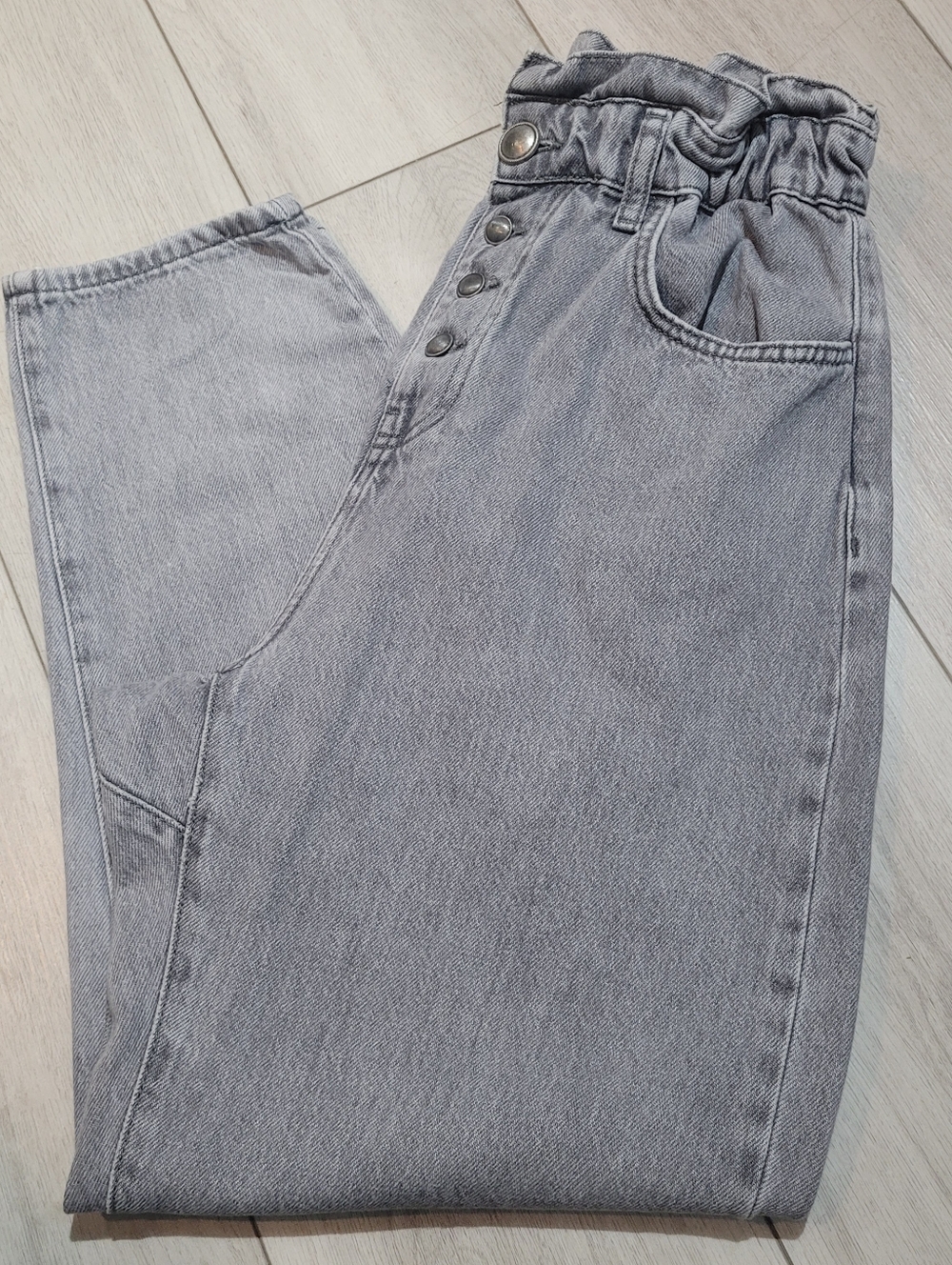 Zara Women's Button Fly High Waist Barrel Leg Paper Bag Denim Jeans 4 Grey